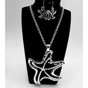 Silver Necklace Earrings Set Starburst‎ Abstract Pendant Statement Jewelry 24"